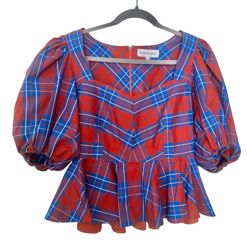 HUNTER BELL Red and Blue Plaid Peplum Puff Sleeve Top